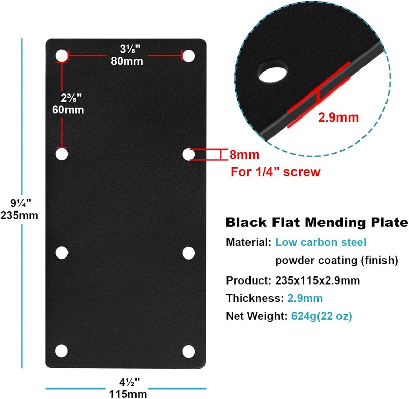 eoere 4 PCS 9-1/4" x 4-1/2" Black Flat Straight Mending Bracket Plate, Steel Joint Thick 2.9 mm, Repair Tie Plate Corner Brace for Furniture, Wood Timber Connector - Image 1